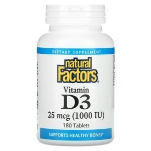 Витамин Д3, Vitamin D3, Natural Factors, 25 мкг (1000 МЕ), 180 таблеток