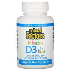  Витамин D3 для детей, Vitamin D3 for Kids, Natural Factors, вкус клубники, 10 мкг (400 МЕ), 100 жевательных таблеток
