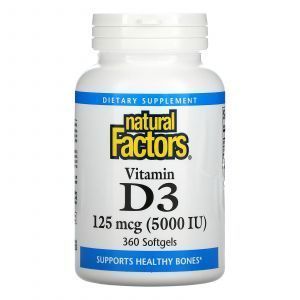 Витамин Д3, Vitamin D3, Natural Factors, 125 мкг (5000 МЕ), 360 гелевых капсул
