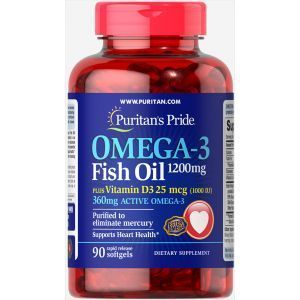 Омега-3 рыбий жир + витамин Д3, Omega-3 Fish Oil, 1000 IU of Vitamin D3, Puritan's Pride, 1200/1000 МЕ, 90 капсу