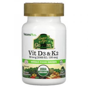 Витамины D3 и K2, Vit D3 & K2, Nature's Plus, Source of Life Garden, 60 веганских капсул
