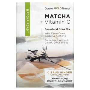 Чай матча и витамин С, Matcha + Vitamin C - Citrus Ginger, MATCHA ROAD, California Gold Nutrition, со вкусом имбиря и цитруса, 10 пакетиков