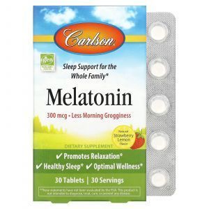 Мелатонин, Carlson Labs, со вкусом клубники и лимона, 300 мкг, 30 таблеток