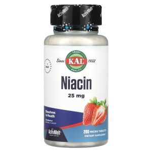 Ниацин со вкусом клубники, Niacin, KAL, 25 мг, 200 таб.