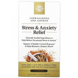 Снятие стресса и тревоги, ашваганда и шафран, Stress & Anxiety Relief, Ashwagandha and Saffron, Solgar, 30 таблеток