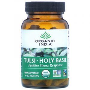 Тулси-священный базилик, Tulsi-Holy Basil, Organic India, положительный ответ на стресс, 90 вегетарианских капсул