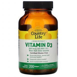 Витамин Д3, Vitamin D3, Country Life, высокоэффективный, 250 мкг (10000 МЕ), 200 капсул