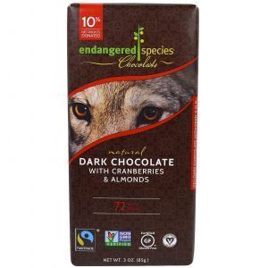 Черный шоколад с клюквой и миндалем, Dark Chocolate, Endangered Species Chocolate, 85 г
