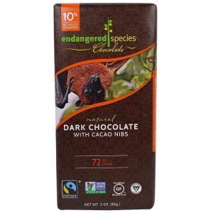 Черный шоколад с какао крупой, Dark Chocolate, Endangered Species Chocolate, 85 г