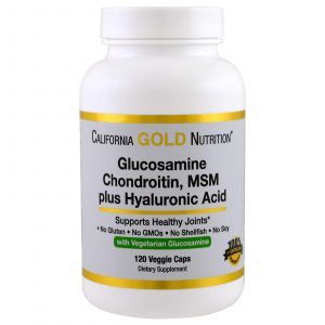 Глюкозамин, хондроитин, МСМ + гиалуроновая кислота, Glucosamine, California Gold Nutrition, 120 капсул