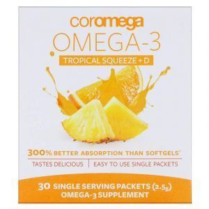 Омега-3 и витамин Д, Omega-3 + Vit D, Coromega, вкус тропического апельсина, 30 пакетов по 2,5 г 