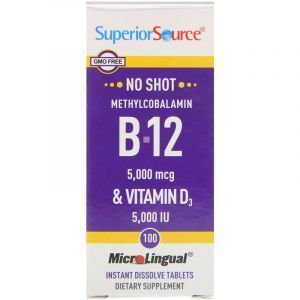 Витамин В-12 (метилкобаламин) и витамин Д-3, Methylcobalamin B-12 & Vitamin D3, Superior Source, 5000 мкг / 5000 МЕ, 100 микро таблеток