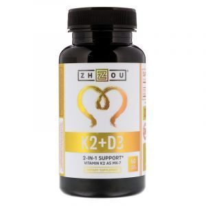 Витамин Д3 и К2, K2 + D3, Zhou Nutrition, 60 вегетарианских капсул