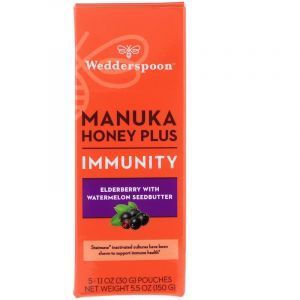 Мед манука, поддержка иммунитета, Manuka Honey Plus, Wedderspoon, вкус бузины с арбузом, 5 пакетиков по 30 г 