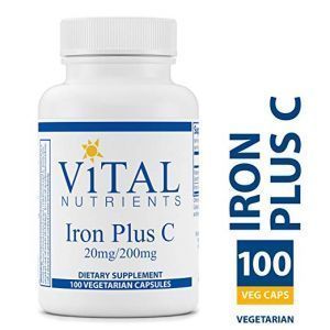 Железо + витамин С, поддержка при анемии, Iron Plus C, Vital Nutrients, 20 мг / 200 мг, 100 вегетарианских капсул