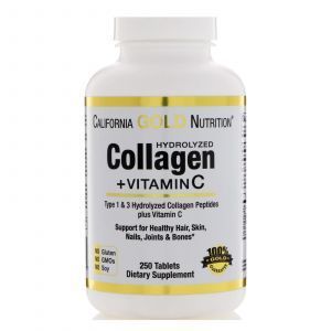 Пептиды гидролизованного коллагена + витамин С, Collagen Peptides + Vitamin C, California Gold Nutrition, тип 1 и 3, 250 таблеток