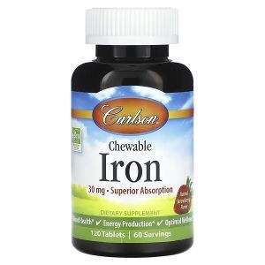 Железо, Chewable Iron, Carlson, вкус клубники, 30 мг, 120 жевательных таблеток