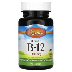 Витамин В12, Vitamin B-12, Carlson, натуральный лимон, 1000 мкг, 90 жевательных таблеток