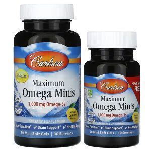 Омега с натуральным вкусом лимона, Maximum Omega Minis, Carlson, 1000 мг, 80 мини-гелевых капсул