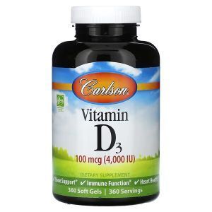 Вітамін Д-3, Vitamin D3, Carlson Labs, 100 мкг (4000 МО), 360 гелевих капсул
