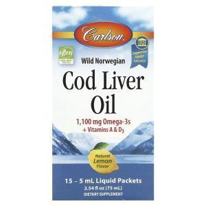 Рыбий жир из печени норвежской трески, Cod Liver Oil, Carlson, натуральный лимон, 15 пакетиков по 5 мл