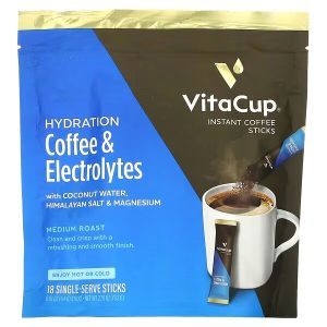  Кофе и электролиты Hydration, Coffee & Electrolytes, VitaCup, средней обжарки, с кокосовой водой, гималайской солью и магнием, 18 стиков по 4,4 г