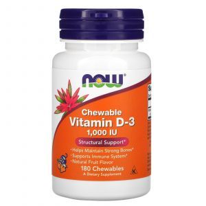 Витамин Д-3, Vitamin D-3, Now Foods, вкус фруктов, 1000 МЕ, 180 жевательных таблеток
