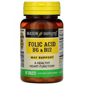 Фолиевая кислота, витамин В-6 и В-12, Folic Acid B-6 & B-12, Mason Natural, 90 таблеток