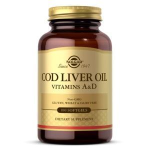 Витамин А и Д из масла печени трески, Cod Liver Oil, Vitamins A & D, Solgar, 100 гелеввых капсул
