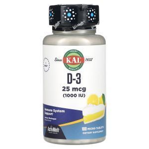 Витамин Д3, со кусом лимона, D-3, Lemon Meringue, KAL, 1000 МЕ, 100 таблеток
