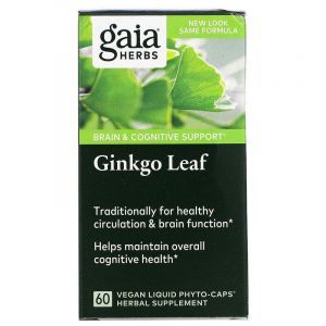 Гинкго билоба лист, Ginkgo Leaf, Gaia Herbs, 60 веганских жидких фито-капсул