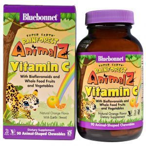 Витамин С жевательный, Vitamin C, Bluebonnet Nutrition, Rainforest Animalz, апельсин, 90 жевательных конфет (Default)