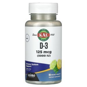 Витамин Д3, Ultra Vitamin D-3, KAL, лимон-лайм, 125 мкг (5000 МЕ), 90 микротаблеток