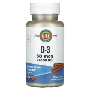 Витамин Д3, со вкусом корицы, Vitamin D-3, KAL, 2000 МЕ, 100 жевательных таблеток