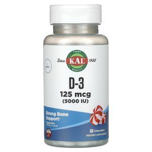 Витамин Д3, вкус мяты с ксилитом, Ultra D-3, KAL, 5000 МЕ, 60 жевательных таблеток