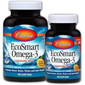 Омега-3, EcoSmart, Carlson Labs, вкус лимона, 90 гелевых капсул+30 капсул бесплатно