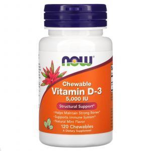 Витамин Д-3, Vitamin D-3, Now Foods, вкус мяты, 5000 МЕ, 120 жевательных таблеток
