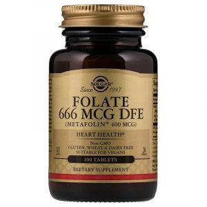 Фолієва кислота, Folate DFE, Solgar, метафолін, 666 мкг, 100 таблеток