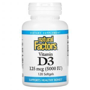 Витамин Д3, Vitamin D3, Natural Factors, 125 мкг (5000 МЕ), 120 гелевых капсул