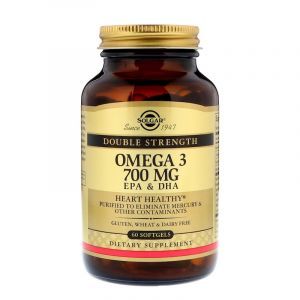 Омега-3, рыбий жир, Omega-3, EPA & DHA, Solgar,  двойная сила, 700  мг, 60 гелевых капсул