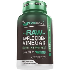 Яблочный уксус, Raw Apple Cider Vinegar, Herbtonics, 1500 мг, 120 вегетарианских капсул