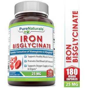 Железо бисглицинат, Iron Bisglycinate, Pure Naturals, 25 мг, 180 вегетарианских капсул