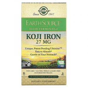 Железо коджи, Koji Iron, Solgar, 27 мг, ферментированное, 30 растительных капсул
