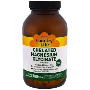 Магний глицинат, Chelated Magnesium Glycinate, Country Life,  400 мг, 180 таблеток