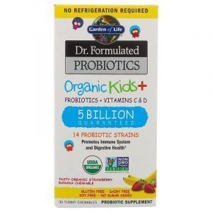 Пробиотики + витамины для детей, Organic Kids+, Garden of Life, Dr. Formulated Brain Health, 5 млрд, органик, клубника-банан, 30 жевательных таблеток 