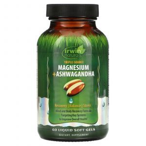 Магний + ашваганда, Magnesium + Ashwagandha, Irwin Naturals, тройной источник, 60 жидких гелевых капсул
