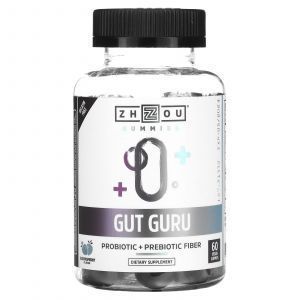 Пробиотик + пребиотическая клетчатка, Gut Guru, Zhou Nutrition, вкус голубой малины, 60 веганских жевательных конфет 