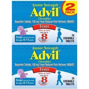 Ибупрофен для детей, Fever Aches & Pains, Junior Strength, Advil, обезболивающее и жаропонижающее средство, вкус винограда, 2 упаковки по 24 жевательные таблетки
