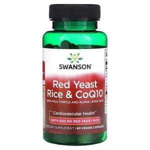 Красный дрожжевой рис и коэнзим Q10, Red Yeast Rice & CoQ10, Swanson, с расторопшей и альфа-липоевой кислотой, 60 растительных капсул