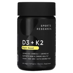 Витамины D3 + K2, Plant Based D3 + K2, Sports Research, на растительной основе, 30 вегетарианских капсул